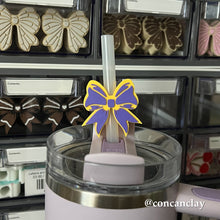 Load image into Gallery viewer, Purple and Yellow Bow Straw Huggie
